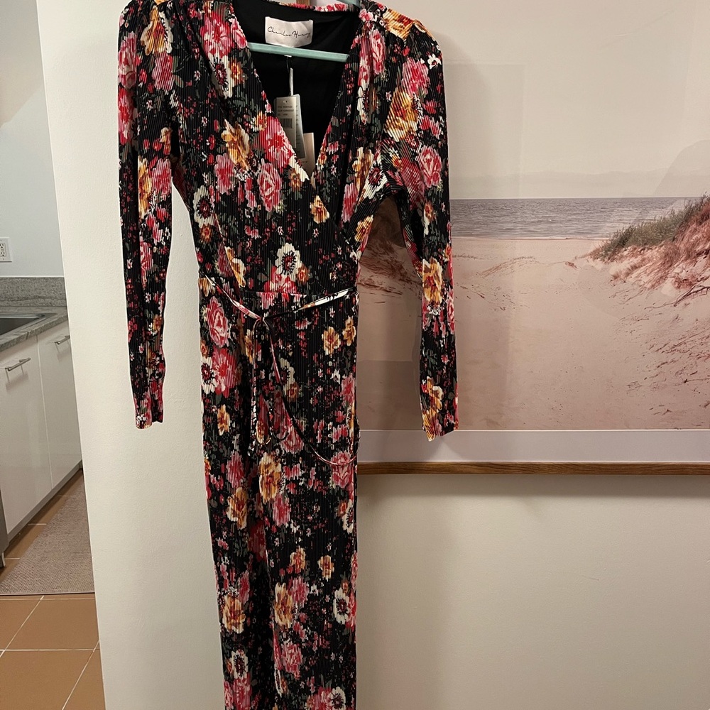 NWT Charles Henry Nordstrom Black and Red Floral Long Sleeve Wrap Dress